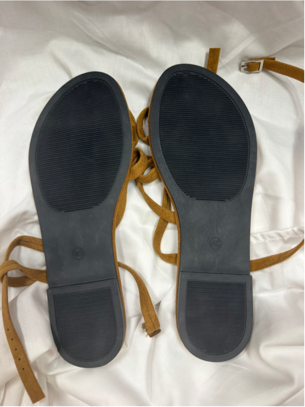 Faux Suede Strappy Gladiator Flat Sandals Ankle Wrap Buckle Tan Brown EU 40 8.5